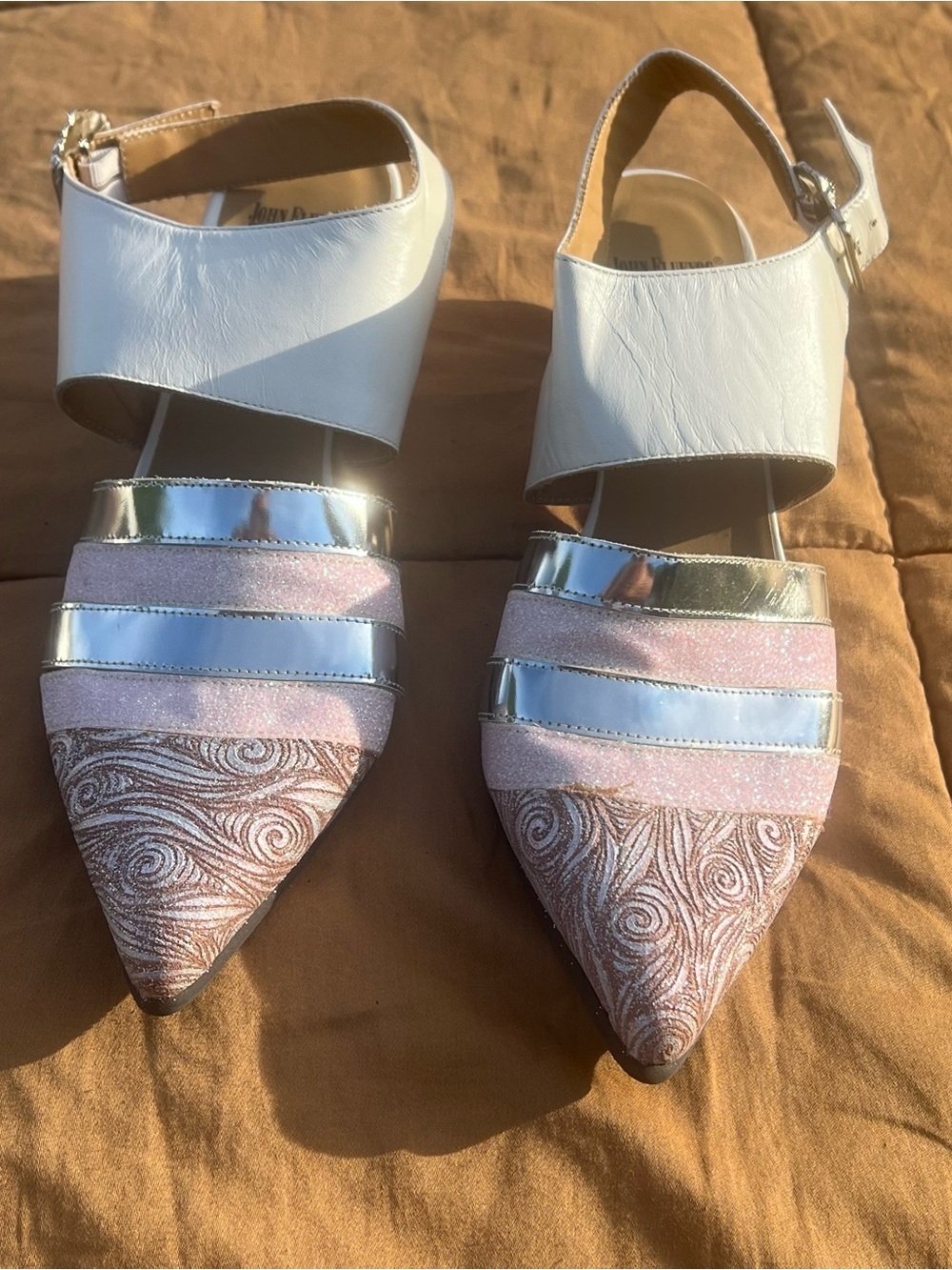 John Fluevog Firefly Ellychnias White, Pink & Silver Pointed Slingback Mules